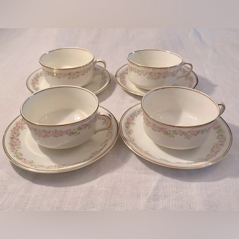 4 sets vintage coffee cup & saucer -Pope & Gosser China pink & green flowers USA